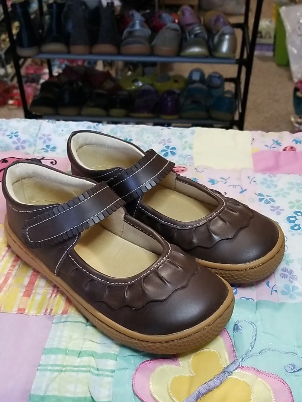 Livie & Luca Brown Leather Mary Jane Shoes HTF Size 2 Youth Brown Leather Ruche